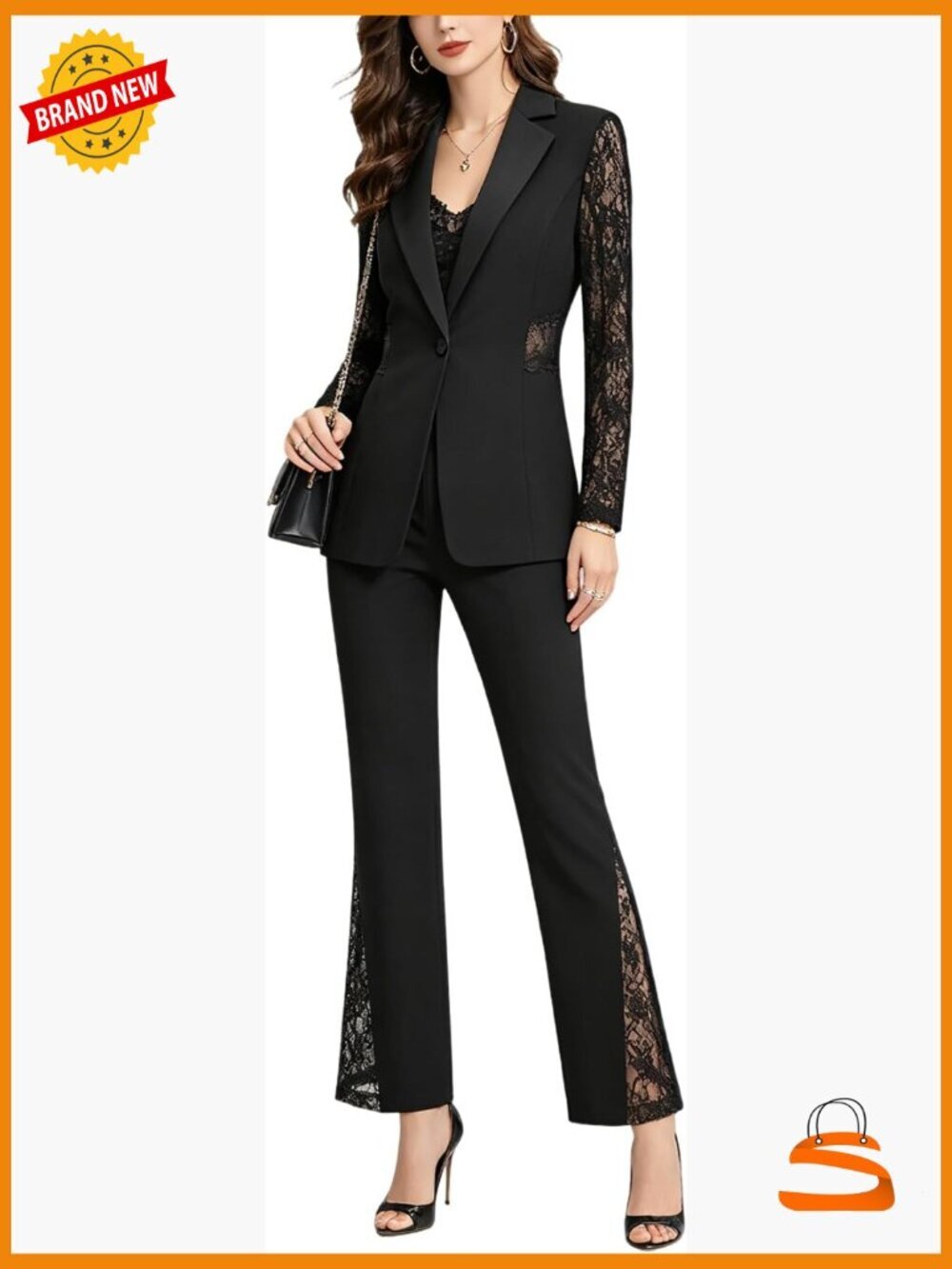 Sheer Lace Spliced Blazer & Pants Suit Set Dressy Cocktail Tuxedo